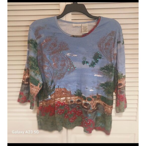 White Stag Womens 3X Blue Print 3/4 Sleeve Top Bling Y2K Grandma - Picture 2 of 6